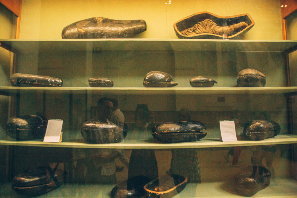 A display of the remnants of food that was stored in jars and buried with mummified Egyptian nobles. the jars line green shelves that site behind a pane of glass.