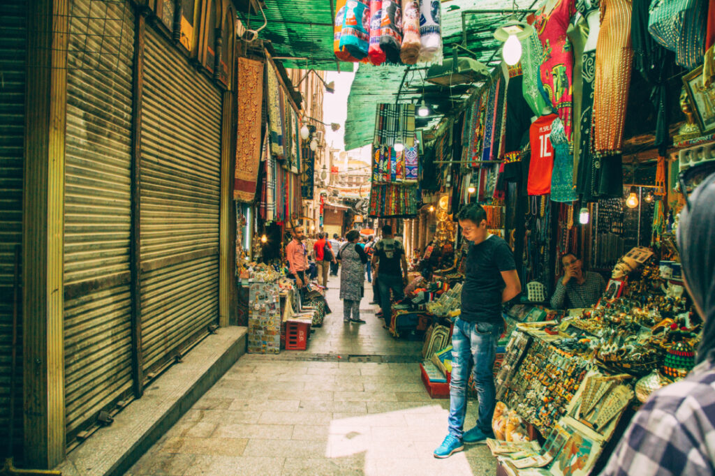 A clothing and jewlery vendor at the Khan El Khalili Bazaar.