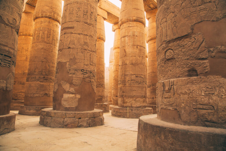 Giant pillars at Karnak Temple Complex, Luxor in Egypt.