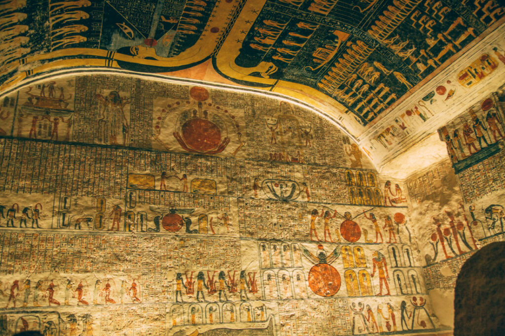 Art-covered walls and ceiling inside the tomb of King Ramses V in the Valley of the Kings.