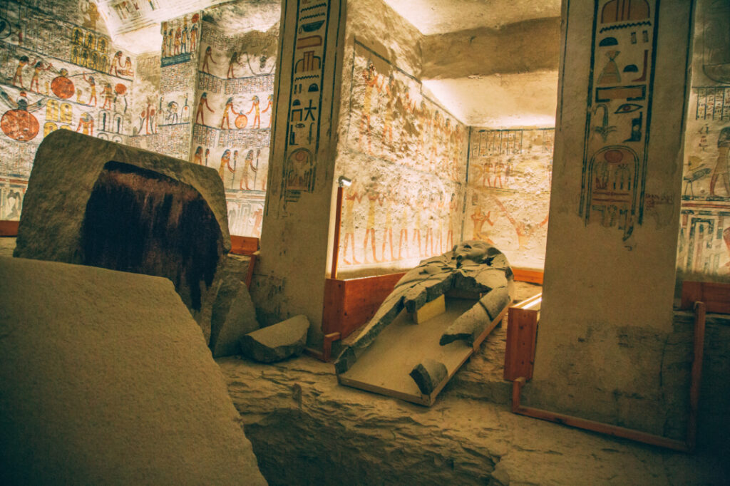 Remnants of a sarcophagus inside the burial chamber of the tomb of King Ramses V.