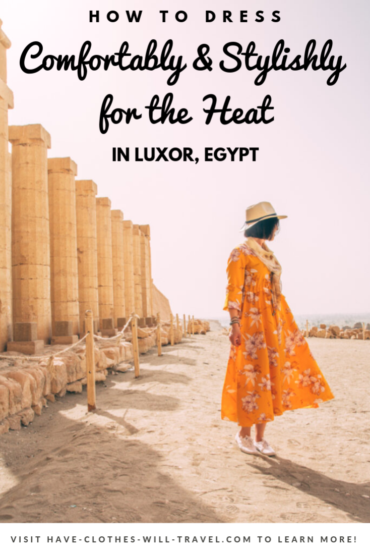 A woman wearing an orange floral dress poses in front of ancient ruins in Luxor, Egypt. Text across the image says "How to Dress Comfortably and Stylishly for the Heat in Luxor, Egypt"