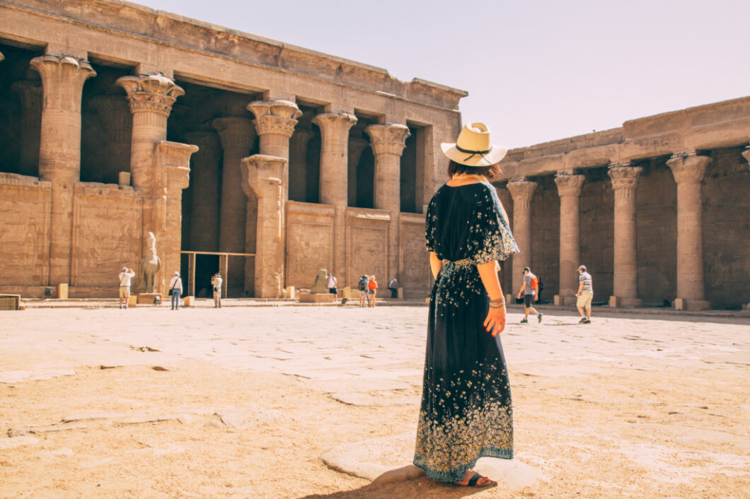 Lindsey wearing a Navy maxi dress at the Temple of Horus at Edfu