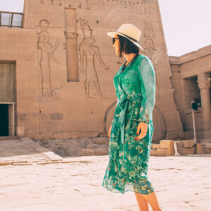 Blue Silk Long Sleeve Floral-print Wrap Dress - Egypt Travel Dress worn in Aswan