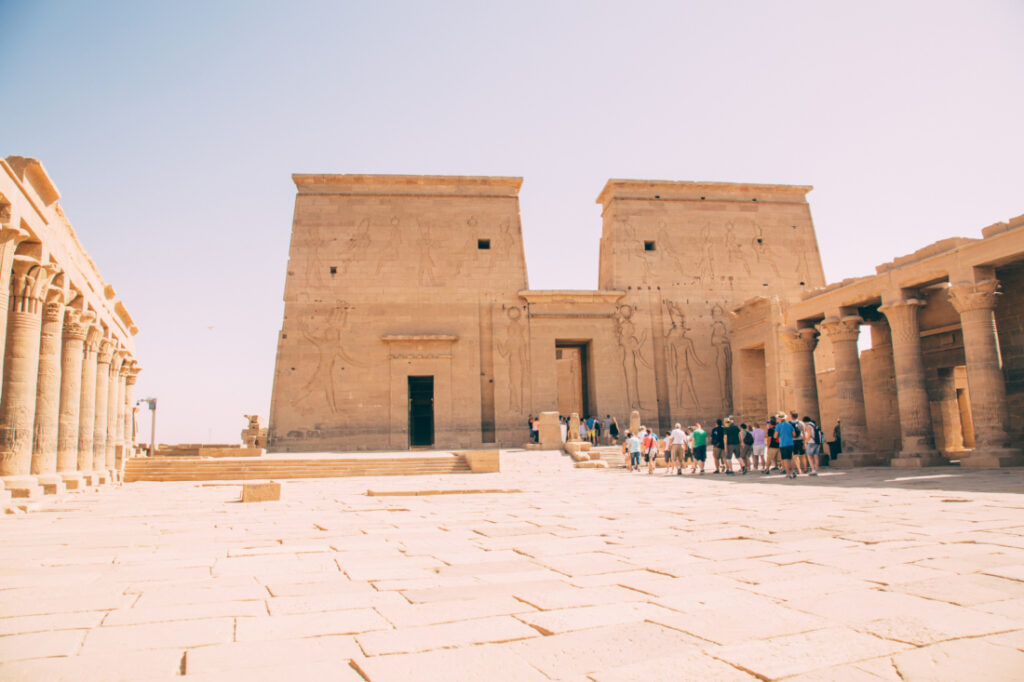 Wide-angle view of the Philae Temple in Aswan, Egypt.