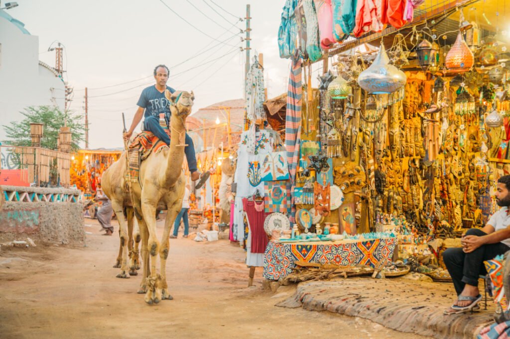 Man riding a camel in Nubian Village in Aswan, Egypt