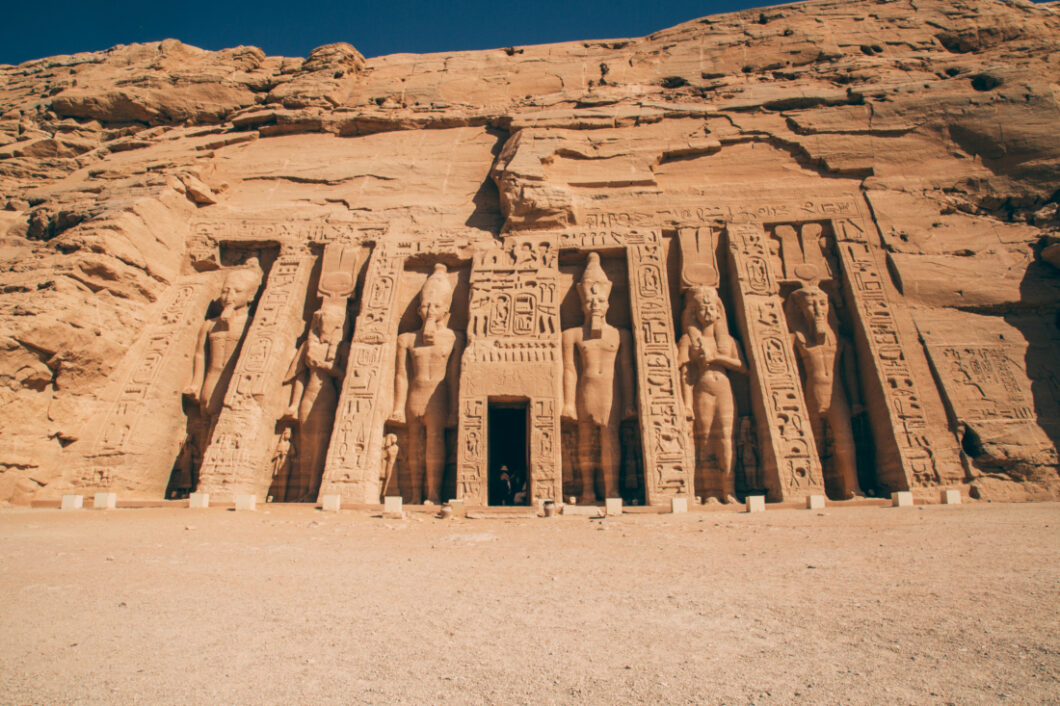 A photo with a front view of Nefertari's temple in Abu Simbel, Egypt.