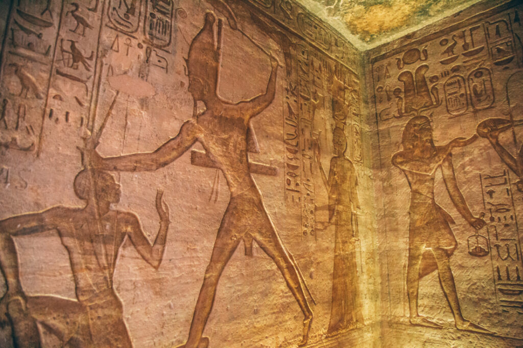 More ancient carvings on stone walls inside one of the Abu Simbel temples.