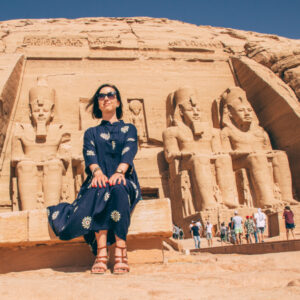 Lindsey of Have Clothes, Will Travel wearing a modest maxi dress at Abu Simbel Egypt