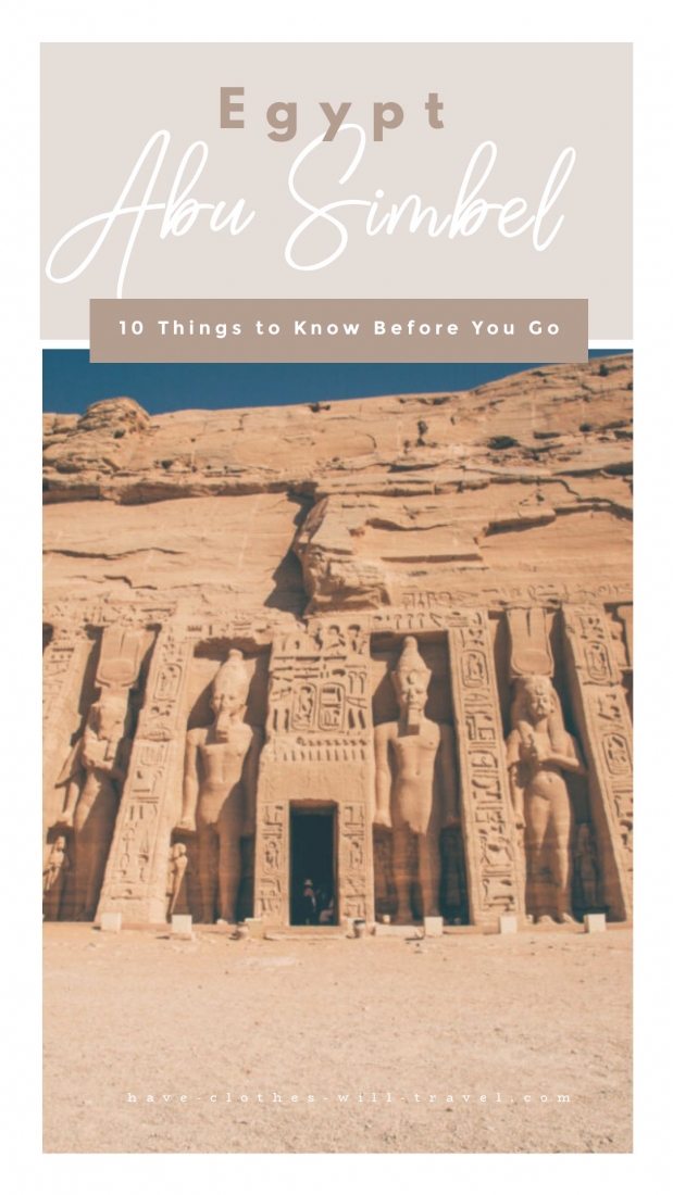 A photo of the front façade of the Ramses II temple at Abu Simbel. Multiple lines of text across the top of the image says "Egypt", "Abu Simbel", and "10 things to know before you go"