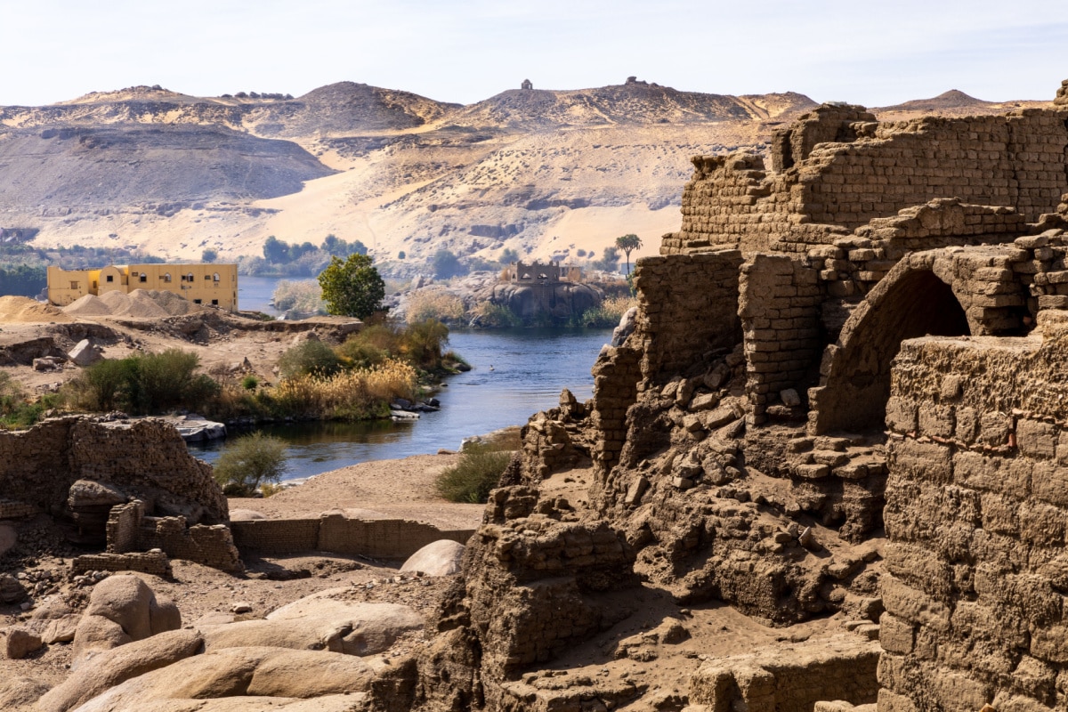 Aswan City Elephantine Island. Traditional Nubian Architecture. Aswan is located along the Nil River. Aswan, Egypt. Africa.