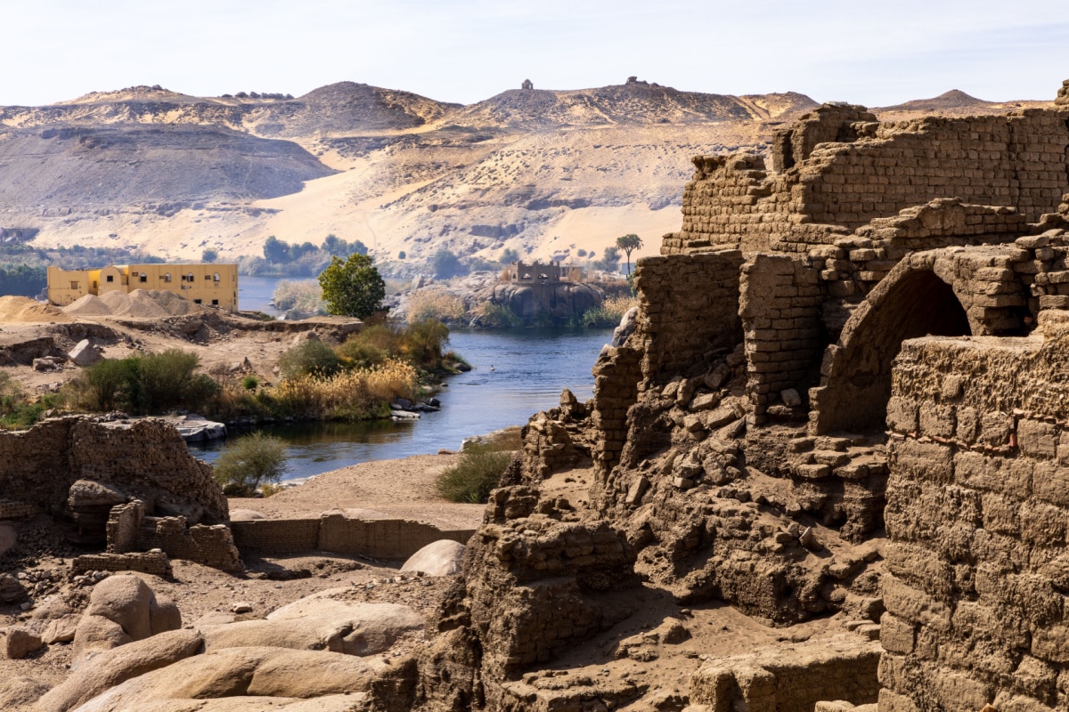 Aswan City Elephantine Island. Traditional Nubian Architecture. Aswan is located along the Nil River. Aswan, Egypt. Africa.