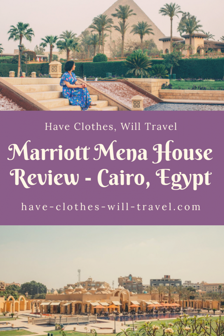 A collage of two images; the top image is of a woman sitting on stairs, with the Pyramids of Giza in the background. The second image is a panoramic of a hotel restaurant in Cairo, next to a large swimming pool. Text in the center of the image reads, "Marriott Mena House Review - Cairo Egypt"