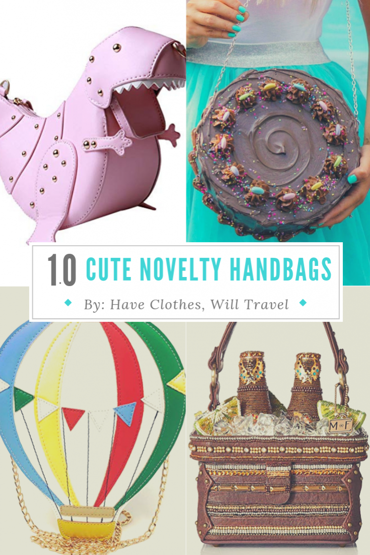A collage of four novelty purses - a dinosaur clutch, cake purse, hot air balloon handbag, and a beer clutch. A text box in the center of the image says "10 cute novelty handbags"