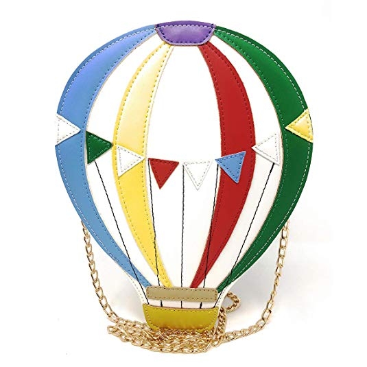 This novelty cross-body bag is shaped like a hot air balloon. The body of the bag has blue, yellow, red, green, and white stripes and a long gold chair.
