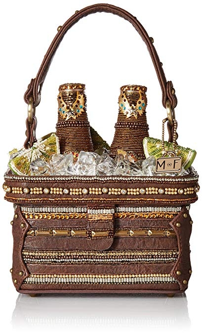 A novelty handbag that's shaped like a beer cooler. The beaded handbag is brown with ice cubes, limes, and two bottles of beer.