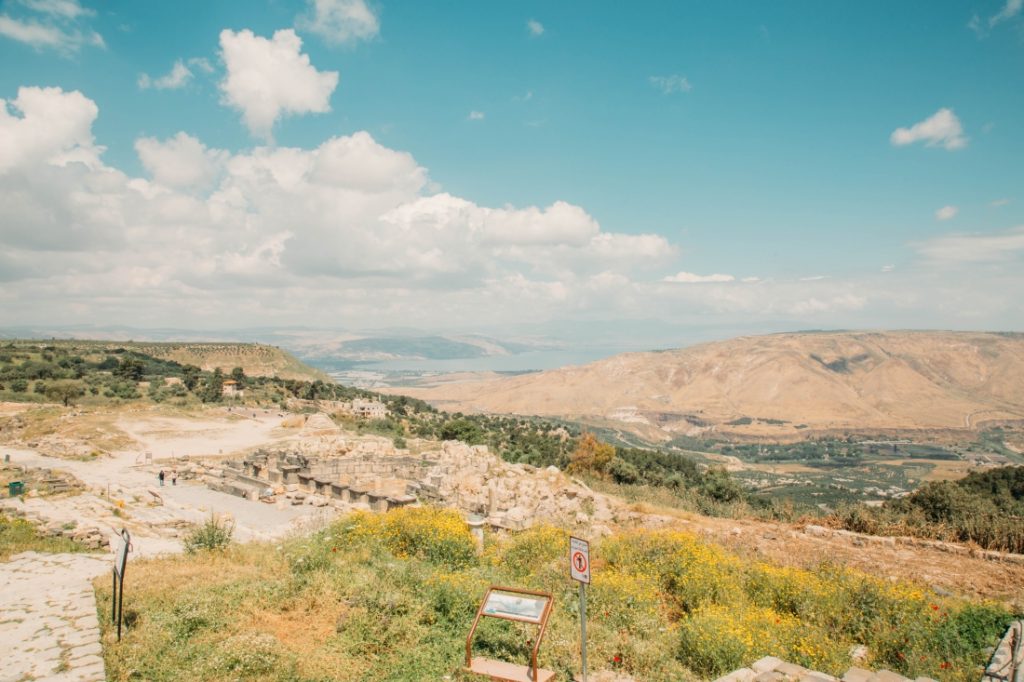A distant view of the Sea of Galilee from Um Qais (or um Qeis).