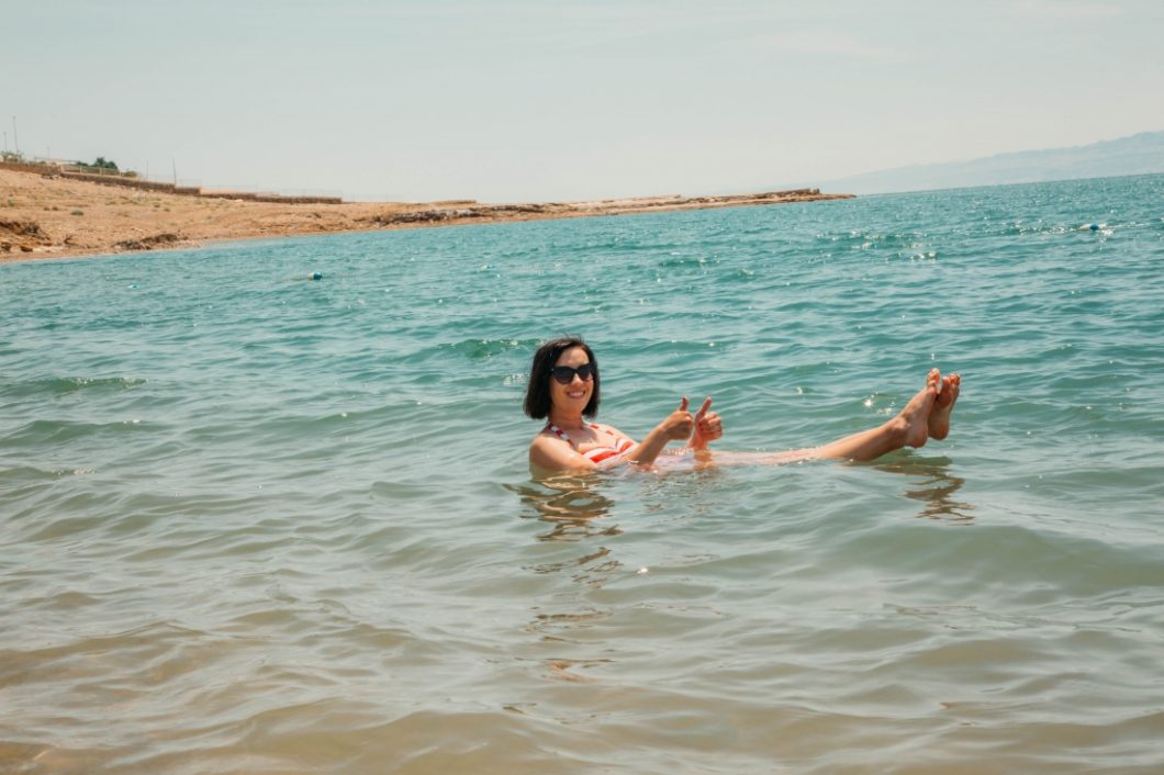 A woman floating in the Dead Sea!