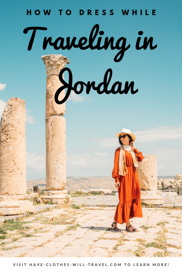 An image of a woman posing in front of ruins in Jordan. Text across the top of the image reads, "how to dress while traveling in Jordan"
