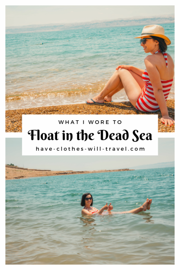 A collage of two stacked images of a woman visiting the Dead Sea in Jordan. Text in the middle of the image reads "What I wore to float in the dead sea"