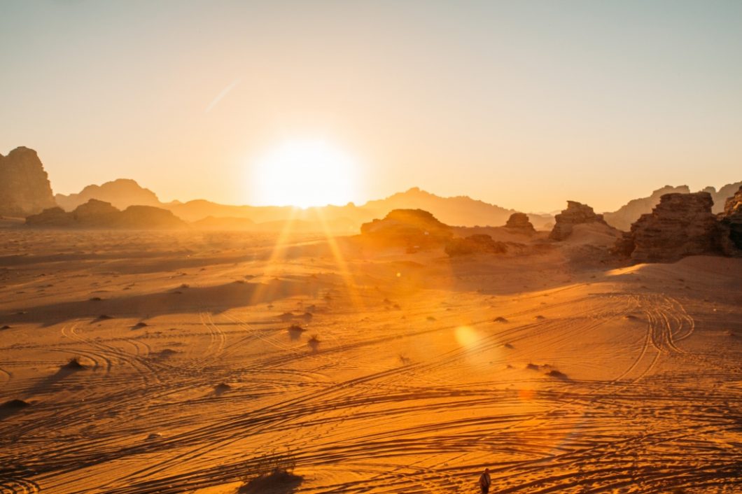 Beautiful sunset view at wadi rum desert Jordan