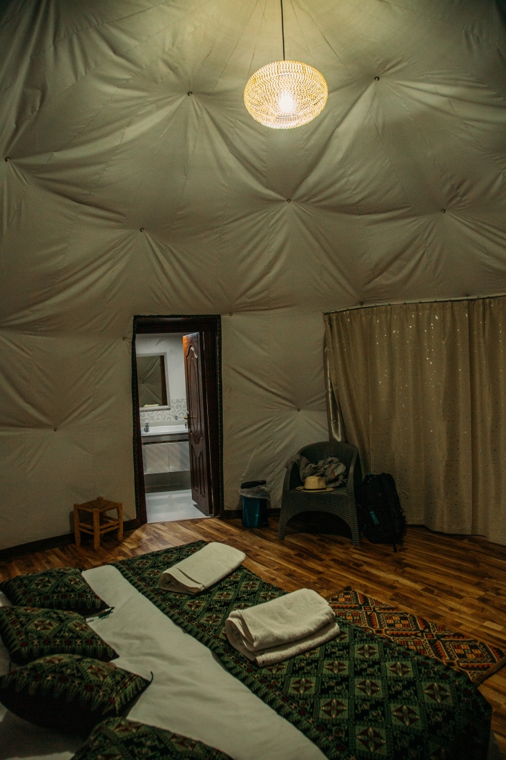 Inside view of luxury camp room in Mazayen Rum Camp