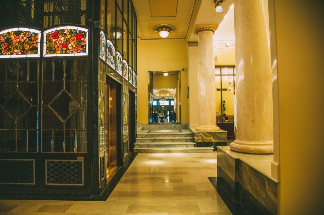 A staircase inside the Metropol Hotel, where characters from the book A gentleman in Moscow meet for the first time.