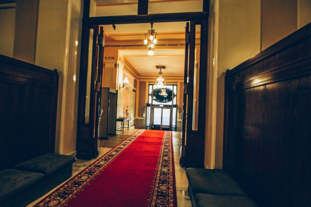 A long hallway leading to an entrance of The Metropol Hotel, the setting of the fictional novel, A Gentleman in Moscow.