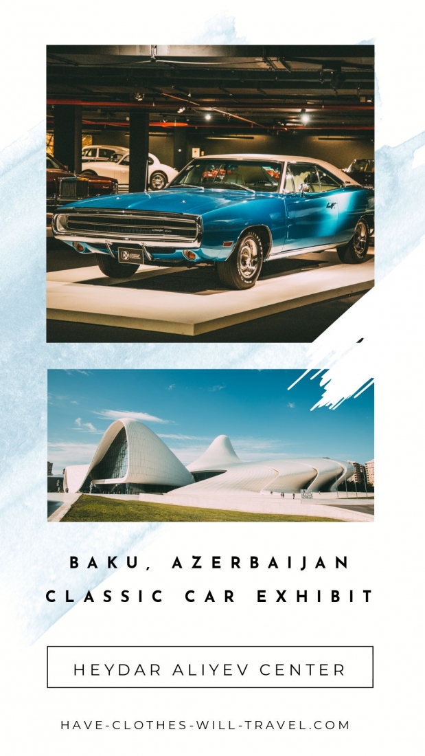 Two images showing a classic car and the exterior of the the Heydar Aliyev Center. Multiple lines of text across the bottom of the image read, "Baku, Azerbaijan Classic Car Exhibit", and "Heydar Aliyev Center"