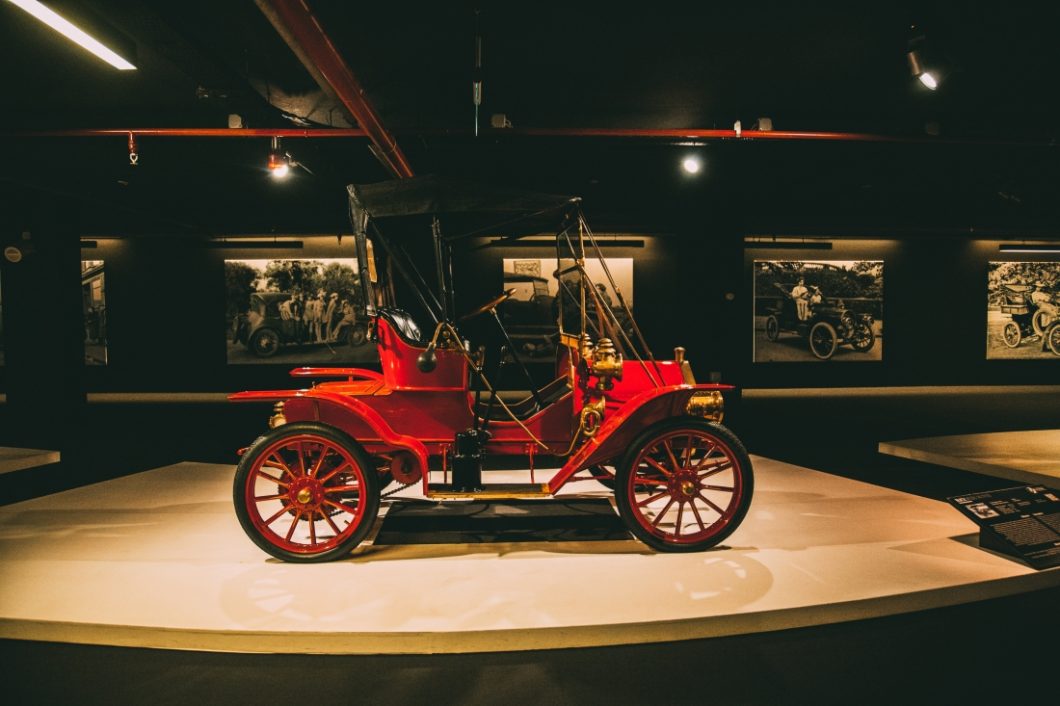 A red 1909 Ford Model T Touring on display at the Heydar Aliyev Center’s Classic Car Exhibit in Baku, Azerbaijan