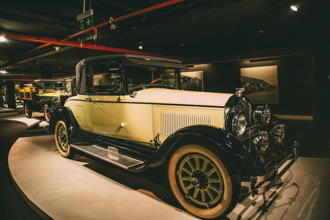 A 1927 brown and tan Chevrolet Tourer on display at the Heydar Aliyev Center’s Classic Car Exhibit in Baku, Azerbaijan