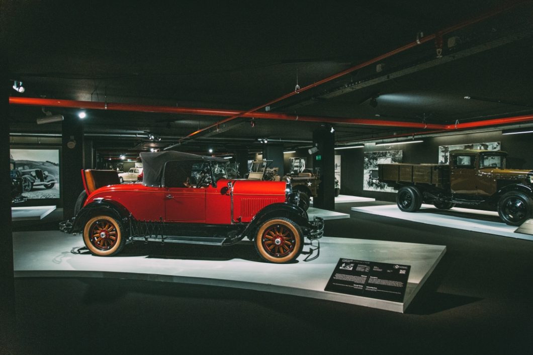 A vintage 1928 red and black Chrysler Model 62 Coupe on display at the Heydar Aliyev Center.