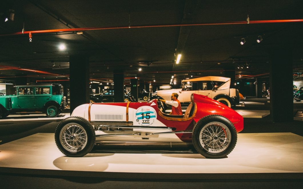 A vinage 1936 Ford V8 Monoposto race car on display at the Heydar Aliyev Center's Classic Car Exhibit in Baku, Azerbaijan