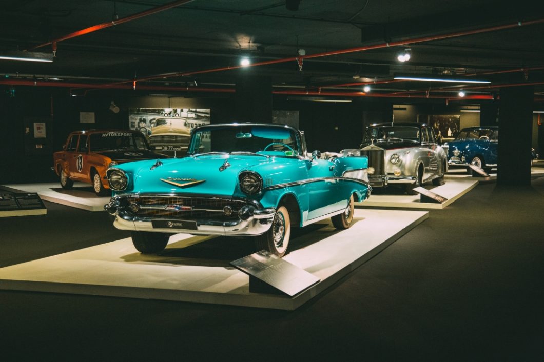 A stunning Tiffany blue 1957 Chevrolet Bel Air on display at the Classic Car exhibit at the the Heydar Aliyev Center.