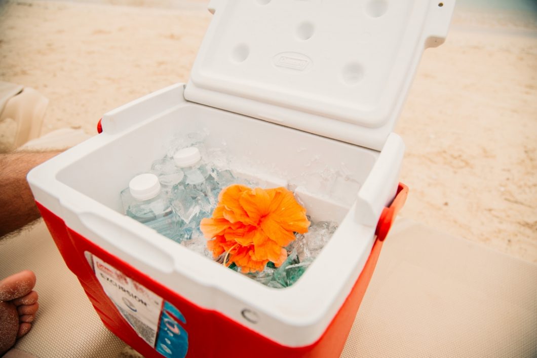 A red and white cooler packed with ice, water bottles, and NA beer. There is an orange flower on top of the ice.