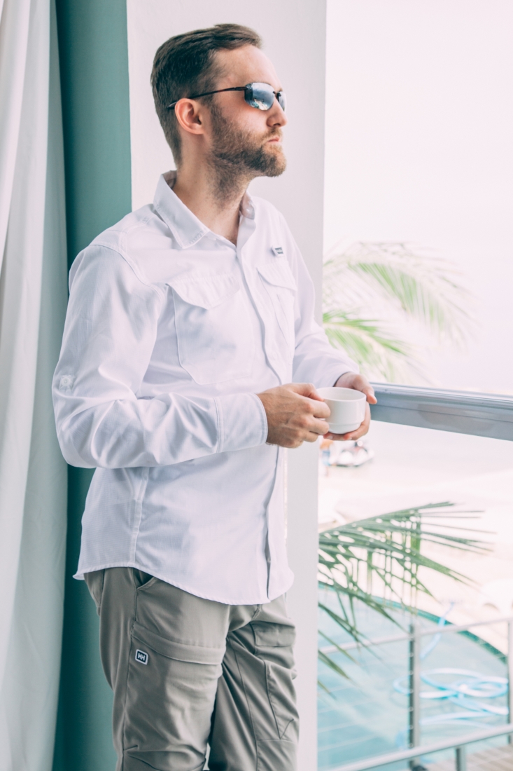 A closeup of Zac's white Eddie Bauer button down he wore for the Sandals Resort dress code