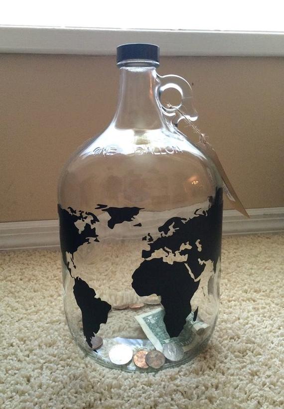 World Map Money Jar Travel Fund - 1 Gallon Glass Jug with World Map in Vinyl - Unique Gift for man, teenager, traveler, adventure seeker etc