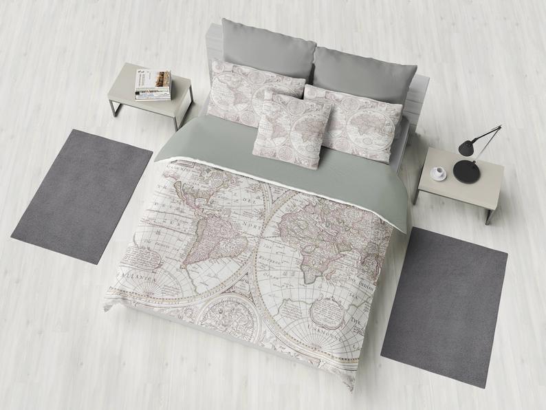 World Map Duvet Cover - bed - bedroom, travel decor, cozy soft, gray, grey, winter, warm, wanderlust