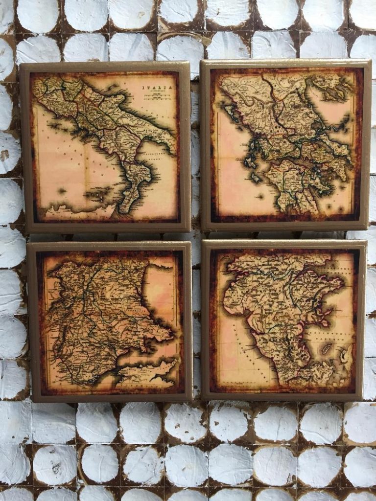 COASTERS! Antique map coasters with gold trim