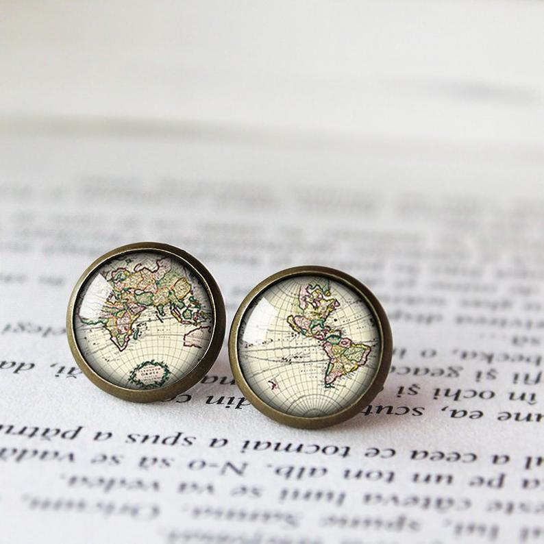 Vintage World Map Globe Earrings, Earth Stud Earrings, Mismatch Earrings, Globe Earrings, Earth Studs, Map Jewelry, Vintage Adventurer Gifts