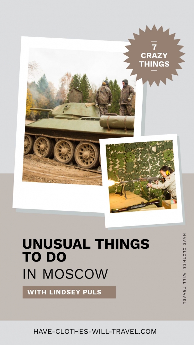 A collage of two images framed in digital polaroid frames. The background of the graphic is two shades of gray, and text on the image says "Unusual things to do in Moscow with Lindsey Puls"