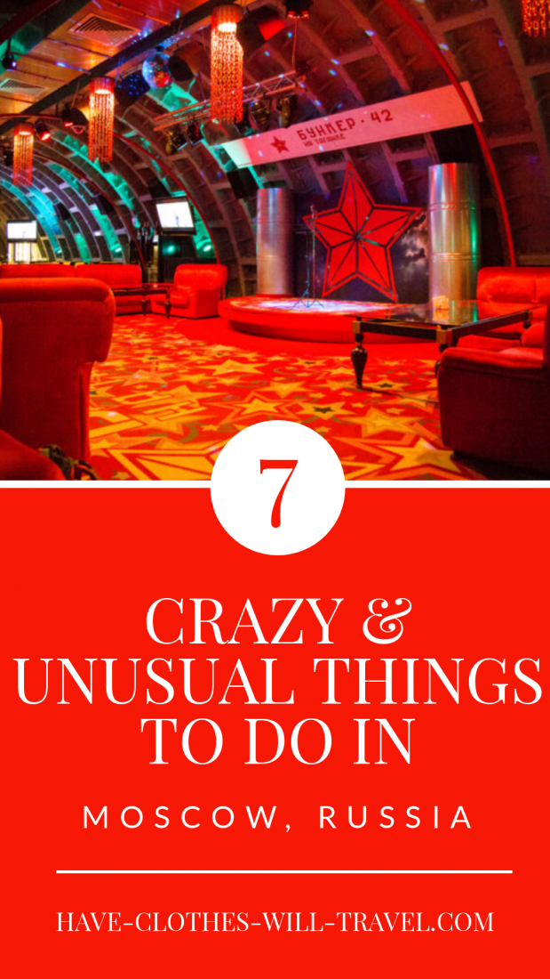 An image of the Bunker 42 restaurant in Moscow Russia. Text on the bottom of the image says "7 crazy and unusual things to do in Moscow, Russia" on a red background.