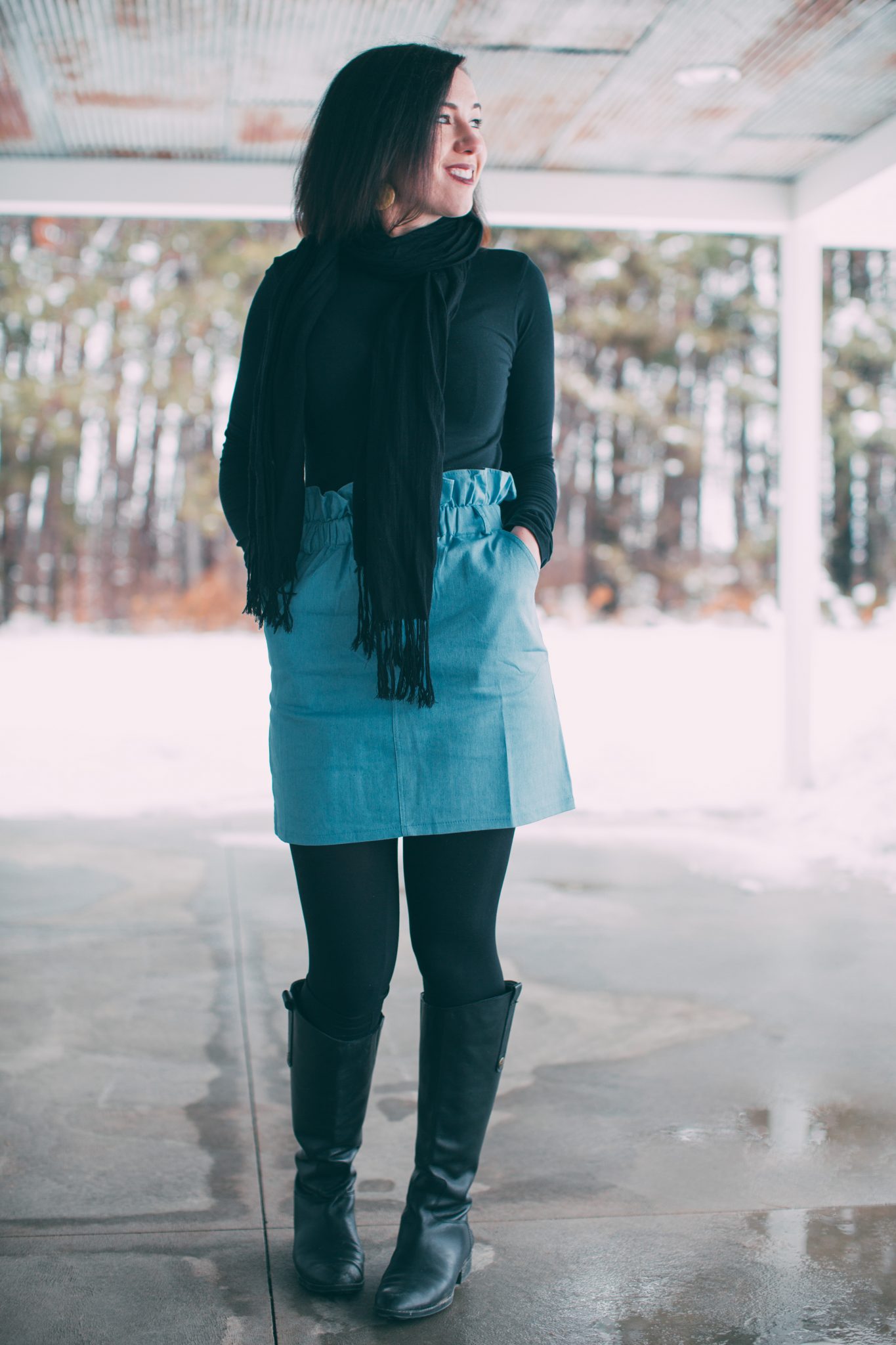 Styling a Denim Skirt With Leggings + Boots for Winter (mini skirt is from Femme Luxe)