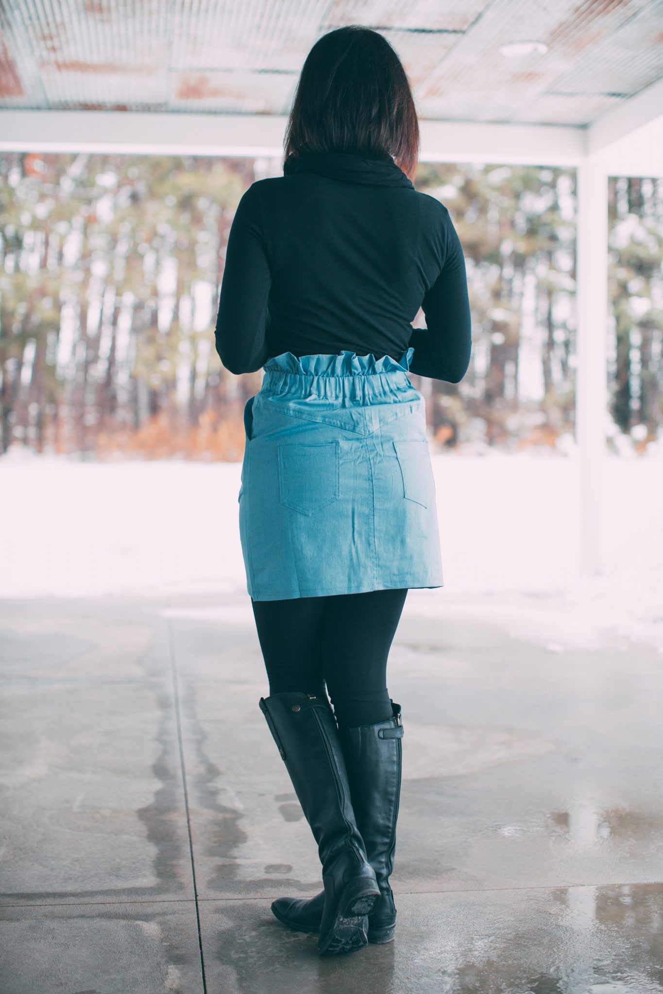 Styling a Denim Skirt With Leggings + Boots for Winter (mini skirt is from Femme Luxe)