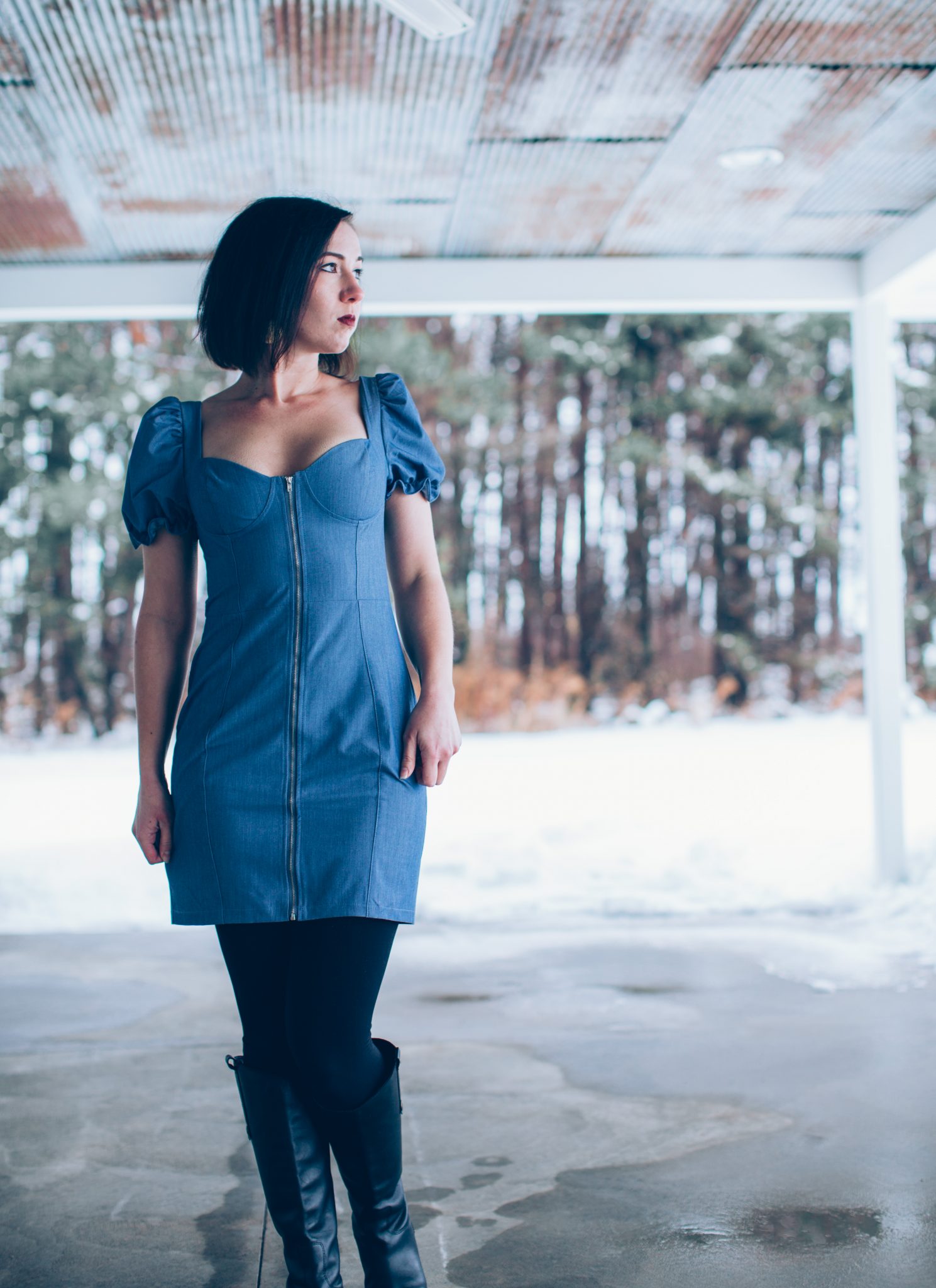 Trying Trends Styling a Denim Skirt Dress With Leggings Boots for Winter