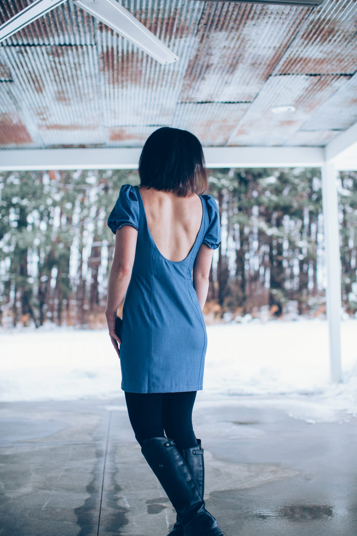 Denim dress with leggings and boots deals