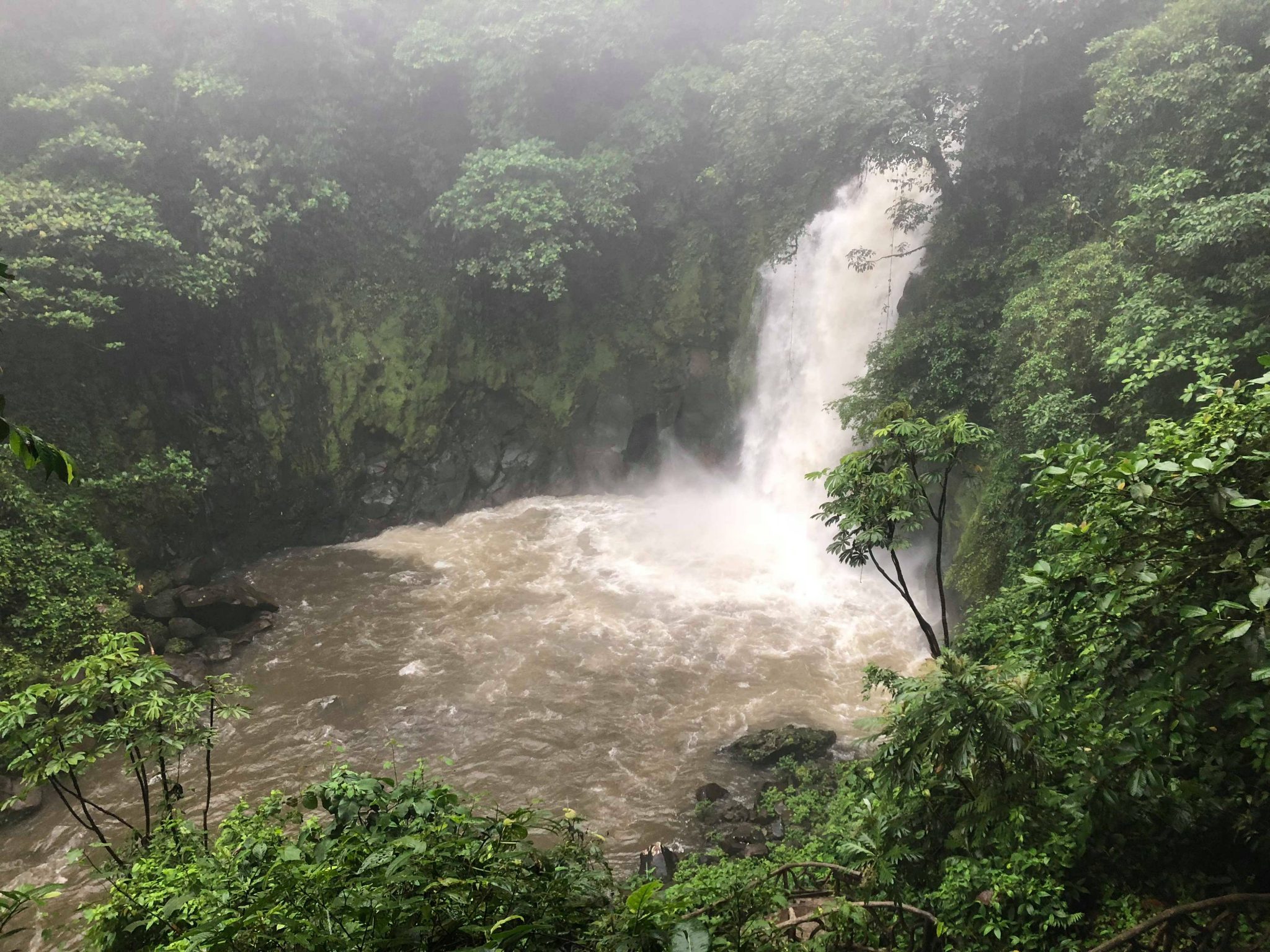 Rio Celeste waterfall after heavy rainfall. The water is a muddy brown color and a thick haze falls over the forrest.