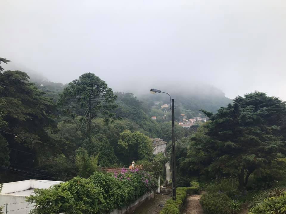 Sintra, Portugal on a cloudy, foggy day where the expansive views are completely obscured by haze.