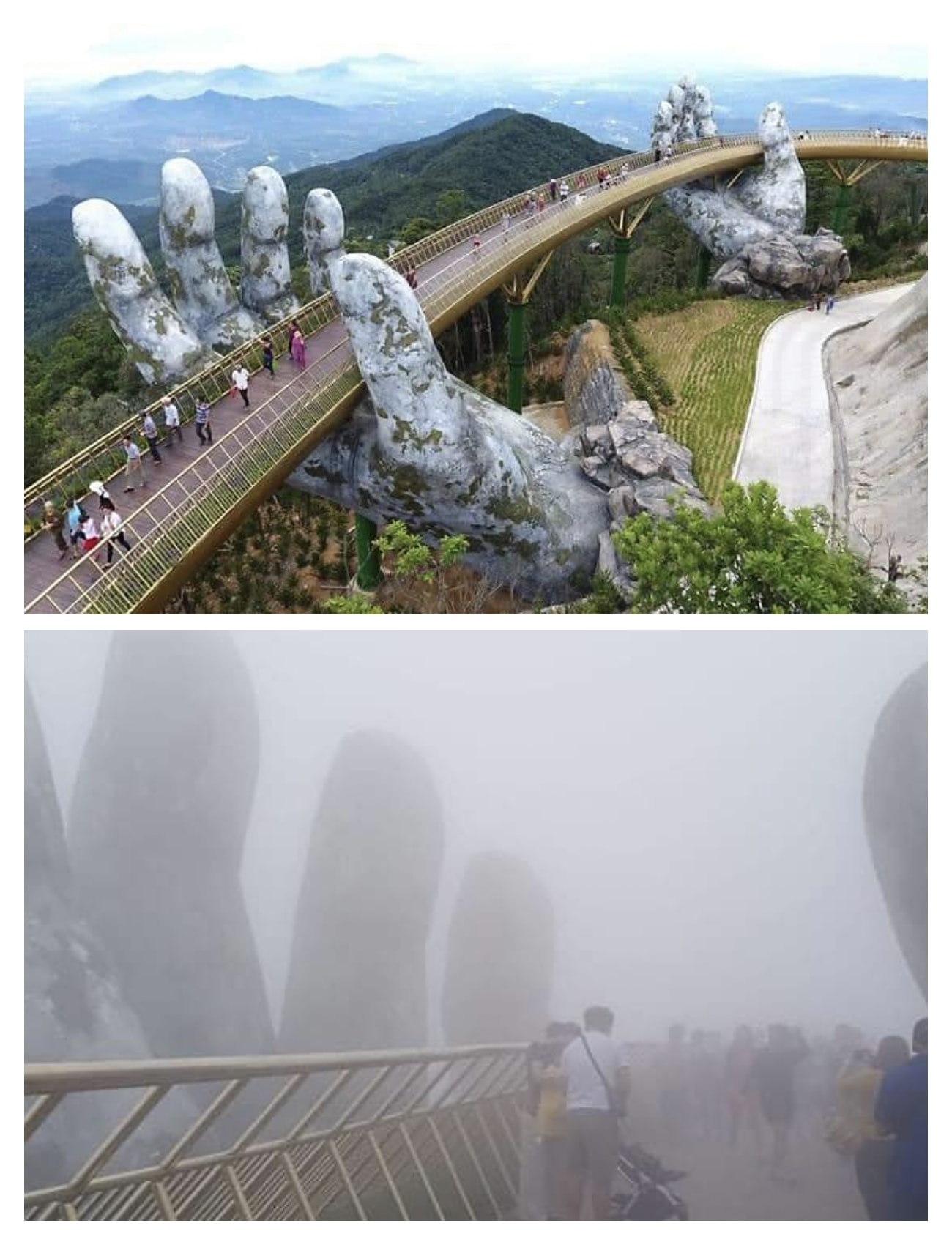 Two images showing the Golden Bridge in Vietnam. The top image is a clear photo of the bridge, which rests in two giant stone hand statues and overlooks a stunning mountain range. The second image is a view from on the bridge, where everything is obscured by a thick fog.
