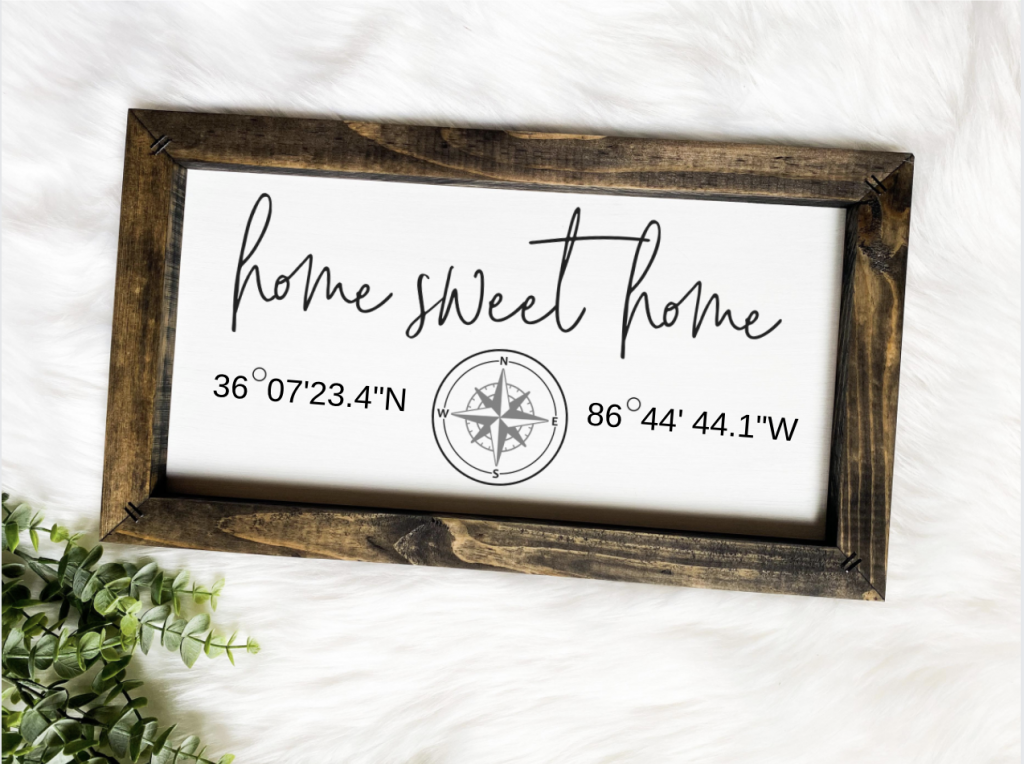 Route 32 Designs - Home sweet home sign with custom coordinates